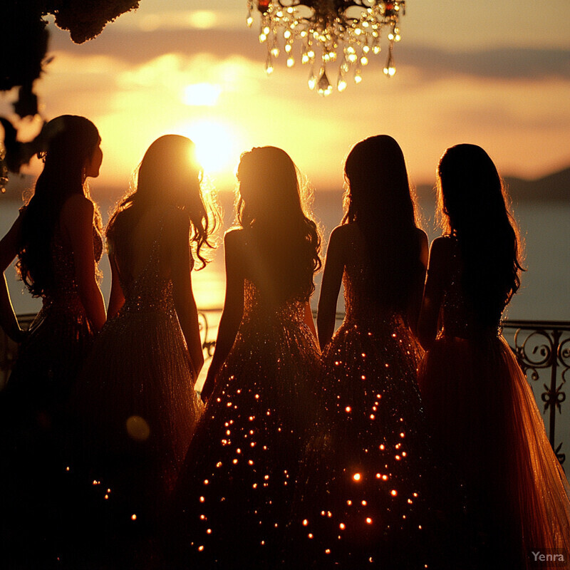 Five women in elegant ball gowns stand together on an outdoor balcony overlooking a serene body of water at sunset