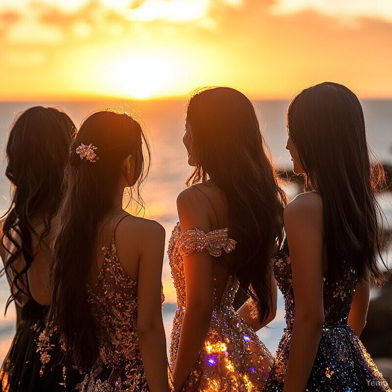 Four women stand in front of a body of water, gazing out at the horizon.