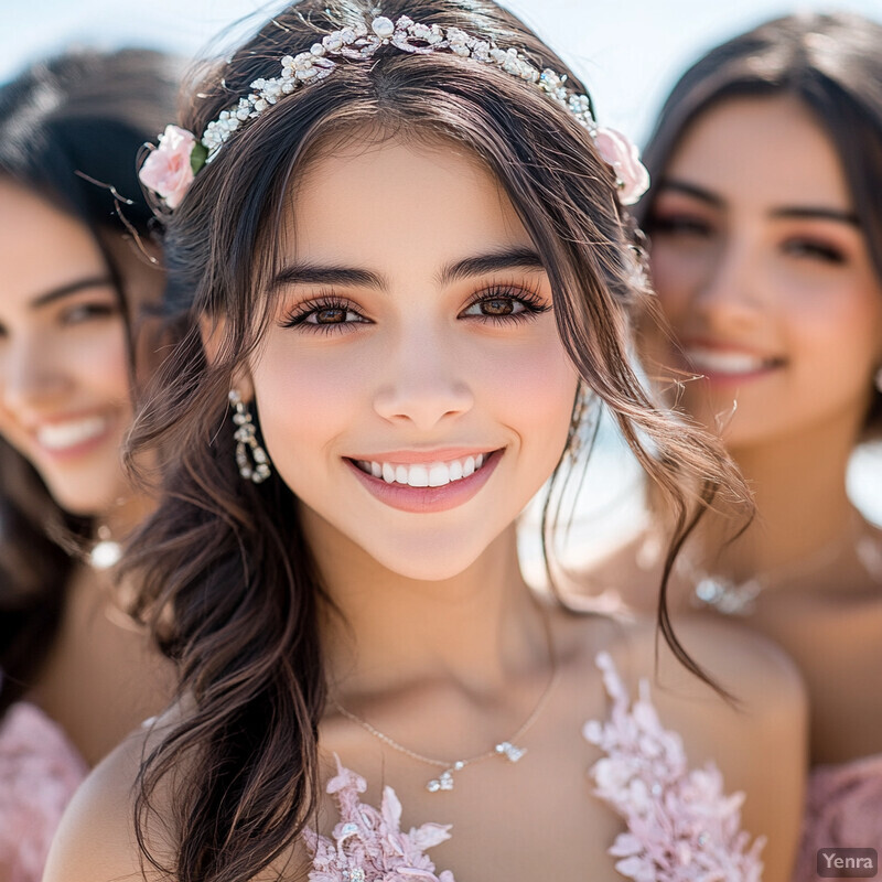 Three young women stand together in matching pink dresses, their faces blurred out.