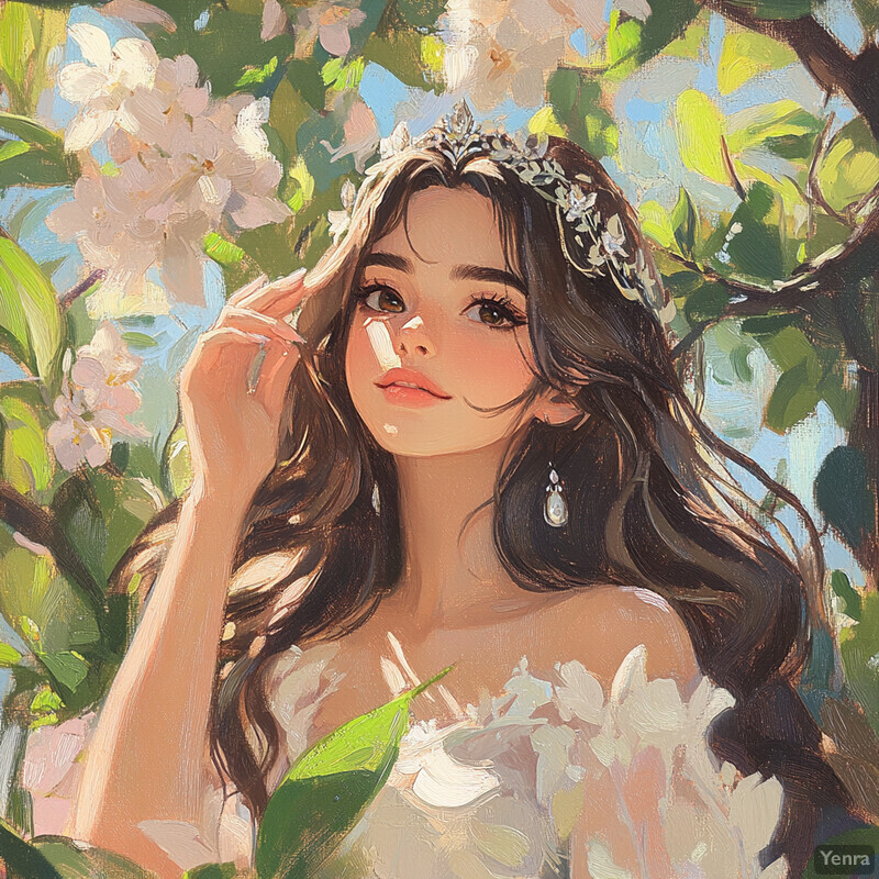 A serene and idyllic scene of a woman surrounded by lush greenery and vibrant flowers.