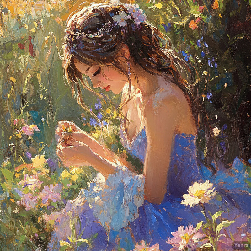 A young girl in a blue dress stands amidst a garden filled with vibrant flowers, exuding peace and tranquility.