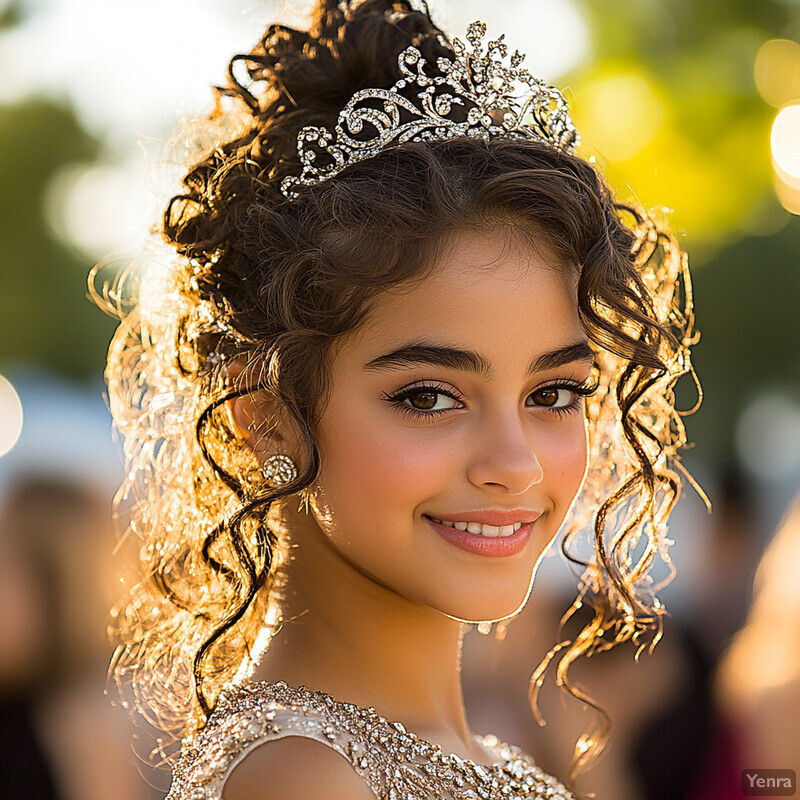 A young woman with curly brown hair and a silver tiara poses elegantly outdoors.