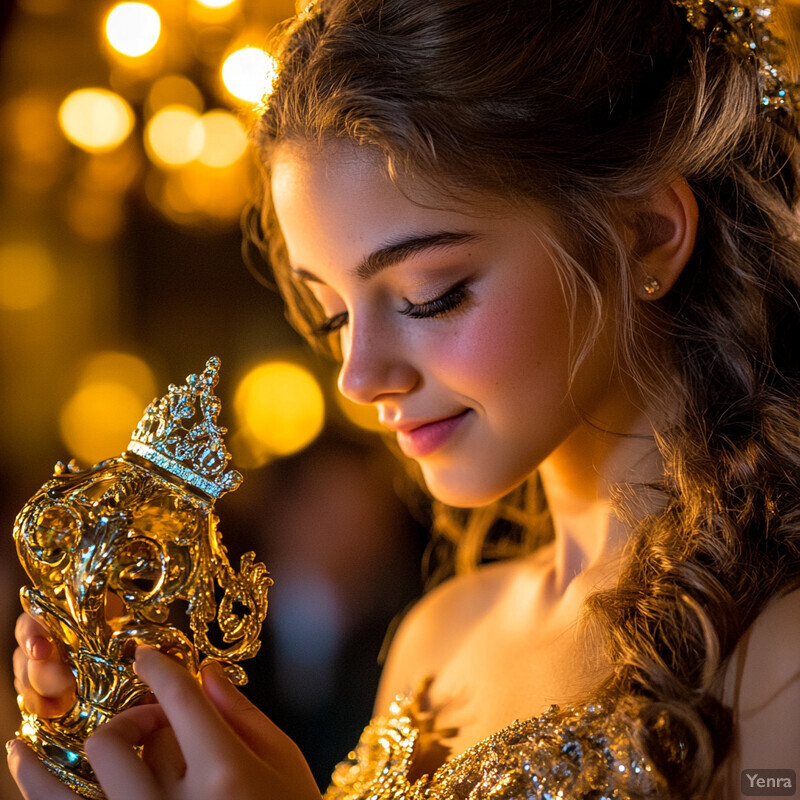 A young woman holds a small glass jar with a gold-colored lid and intricate design