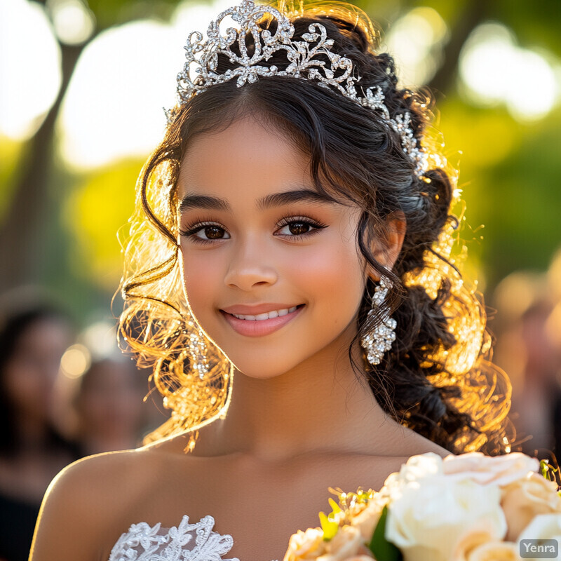 A young woman dressed in a white wedding dress and tiara, posing in front of a blurred outdoor setting.