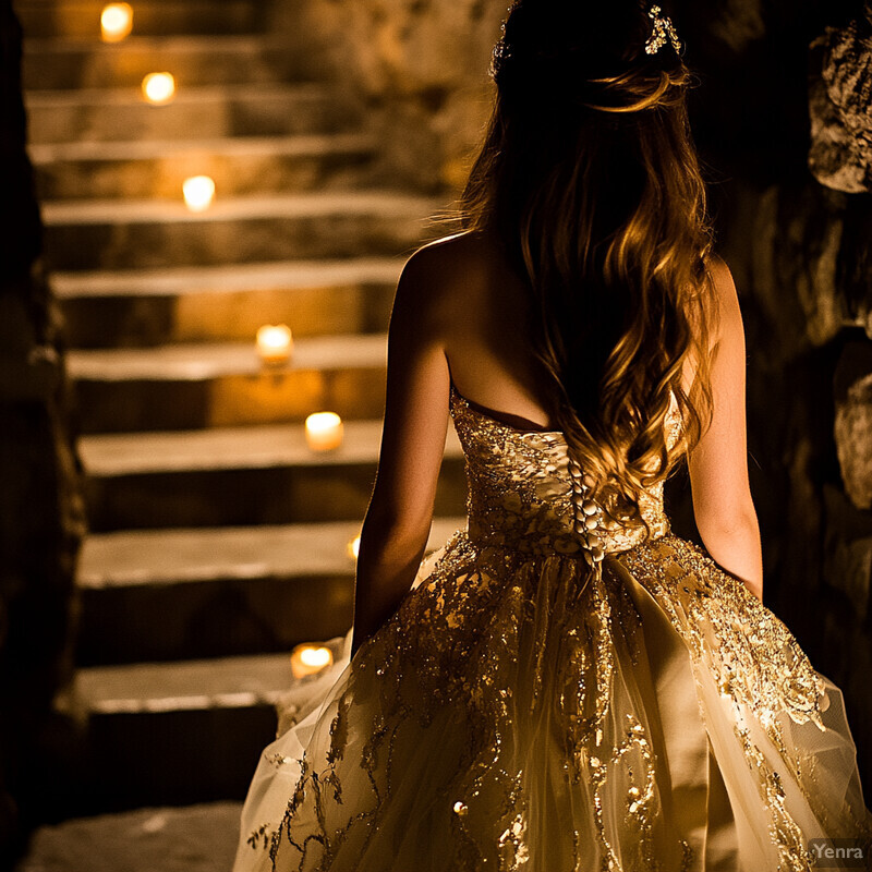 A woman in a gold ball gown descends a candlelit staircase.