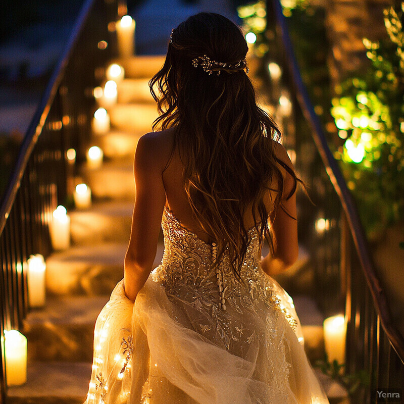 Woman in a wedding dress walking down a staircase