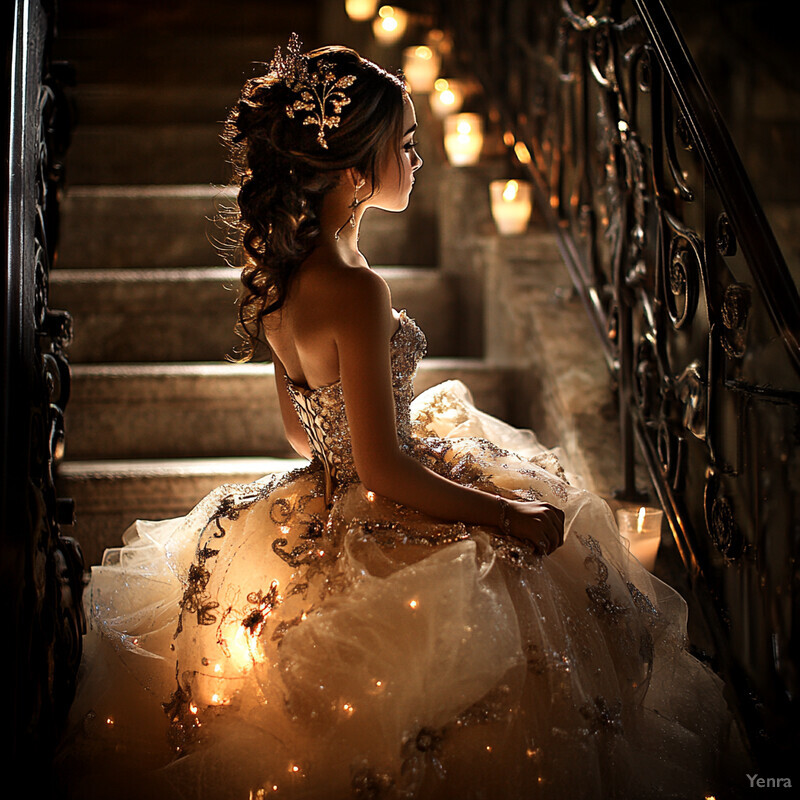 A woman in a white ballgown descends a grand staircase