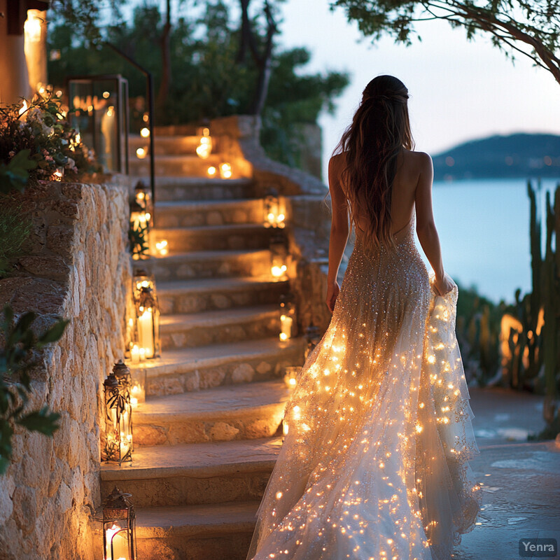 A woman in a beautiful white wedding dress stands on a stone staircase overlooking the ocean, radiating serenity and joy.