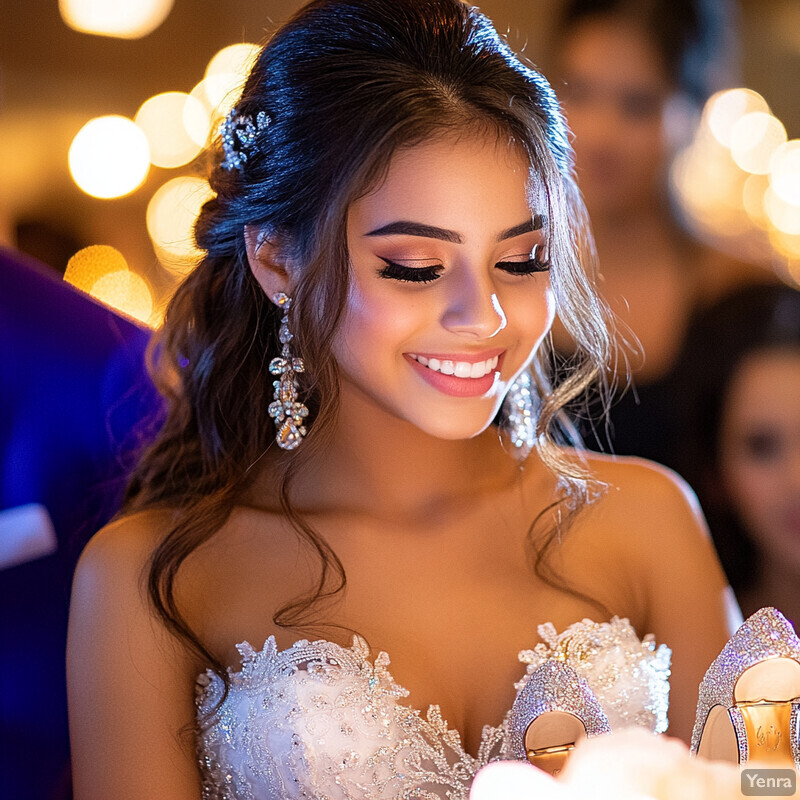 A young woman in a white wedding dress stands in an outdoor setting with a stone wall or fence behind her.