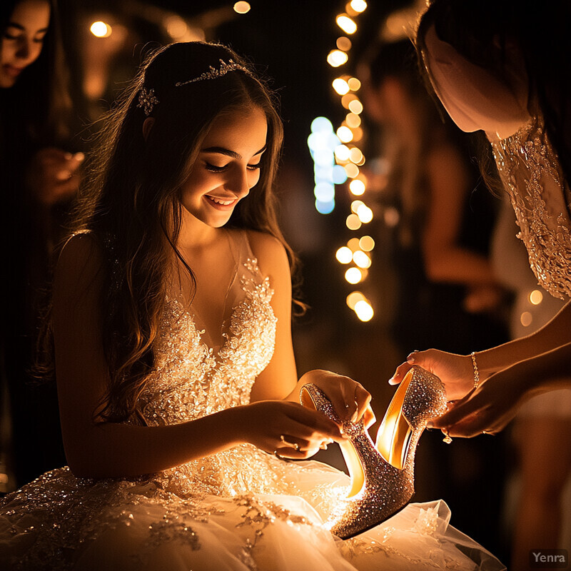 Two young women in white dresses standing together, looking down at something in their hands