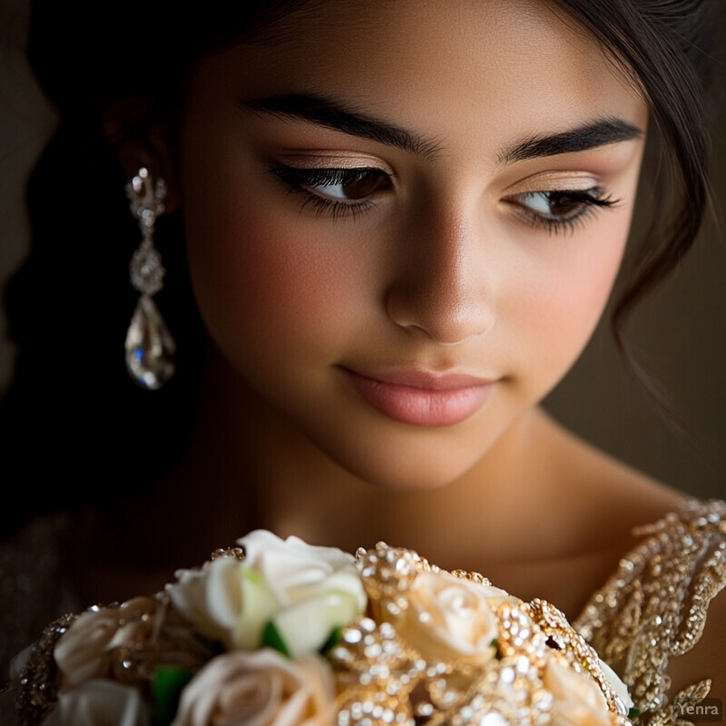 A woman in a gold dress gazes downward at a bouquet of white roses.