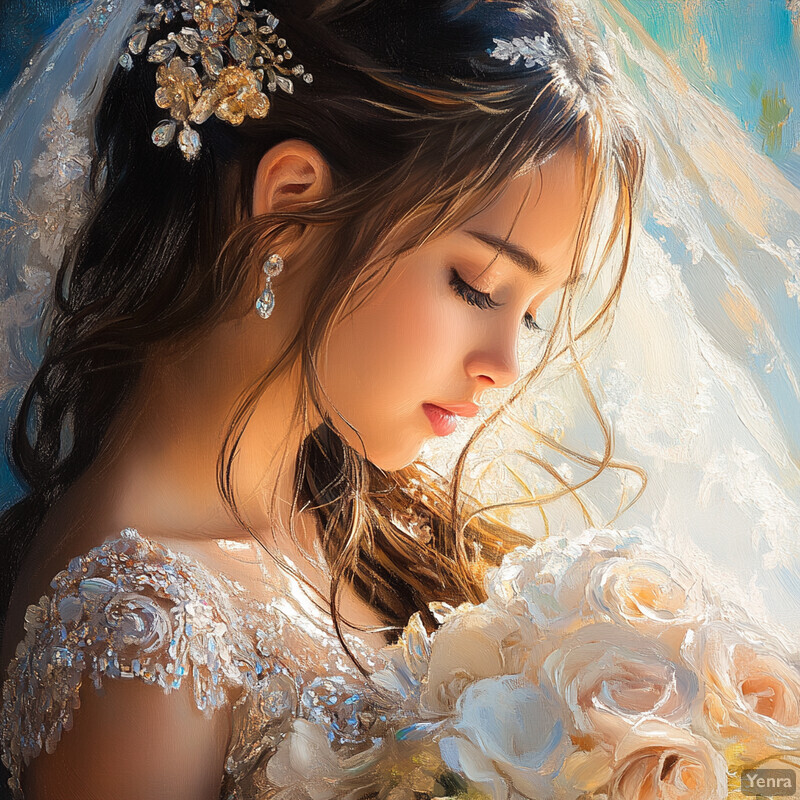 Oil painting of a bride in profile, with long dark hair, floral headpiece, white wedding dress, and bouquet of white roses.