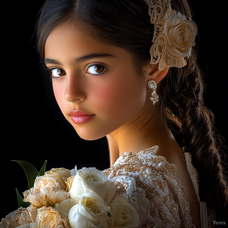 A young woman with dark hair and fair skin holds a bouquet of white roses and carnations, her elegant attire and accessories suggesting a formal occasion or special event.