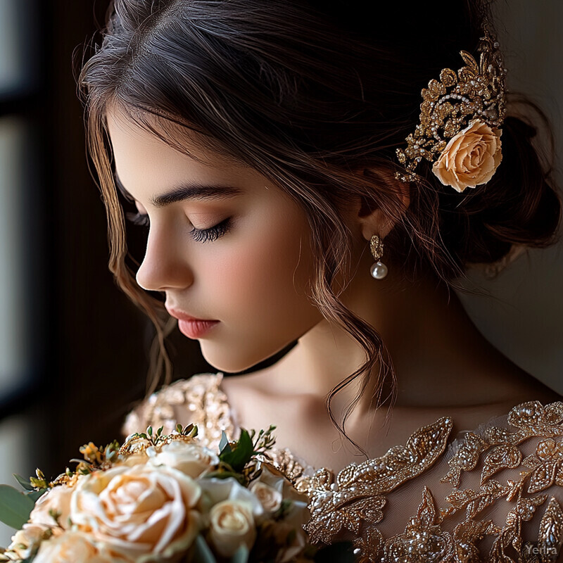 A serene and elegant woman with her hair styled in an updo, adorned with a delicate flower or floral arrangement behind her ear.