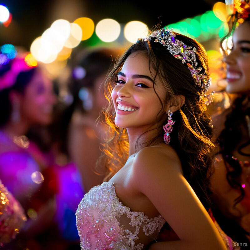 A young woman celebrates in a white dress and tiara at an outdoor event.