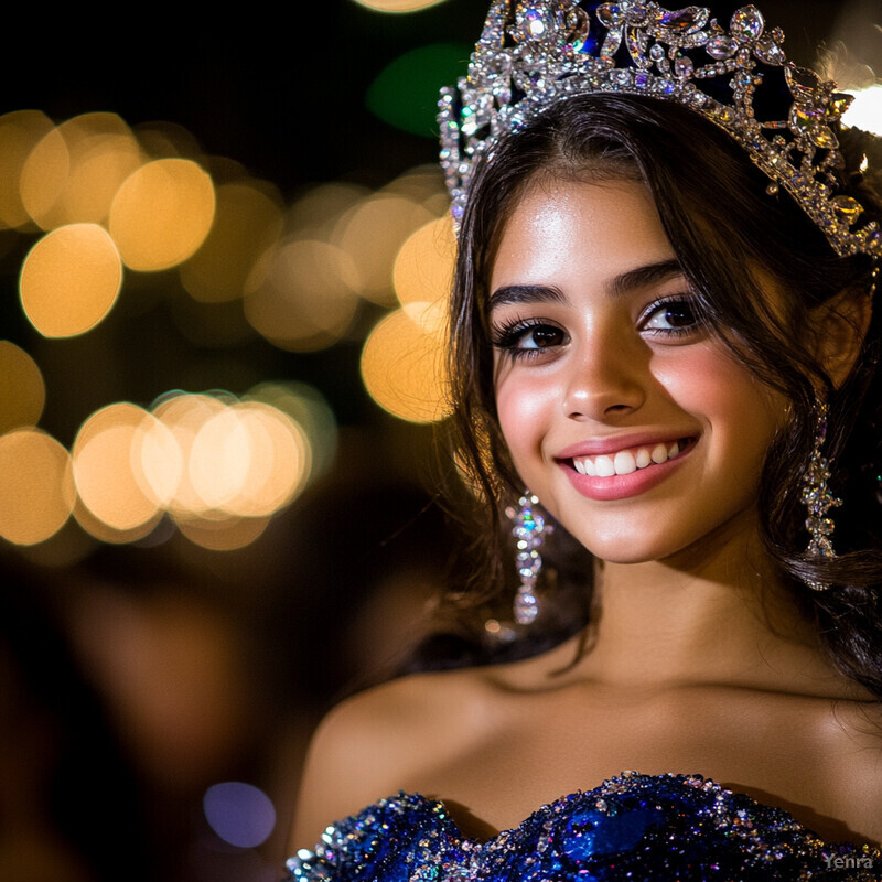 A young woman in a blue dress and crown smiles at the camera, set against a blurred outdoor background.