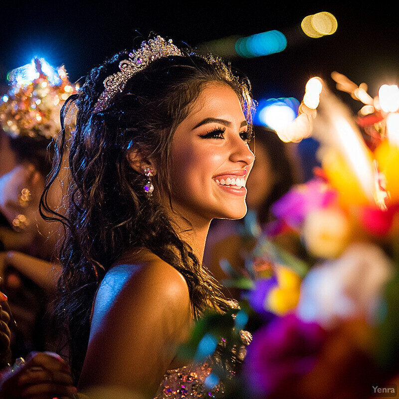 A young woman celebrates a significant event, likely her quinceañera, wearing a stunning tiara and strapless dress.