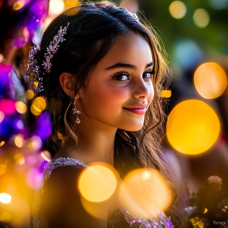 A young woman with long brown hair and sparkly dress posing in an outdoor setting