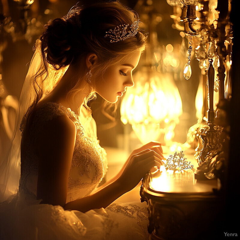 A young woman in a wedding dress sits at a table surrounded by candles and flowers