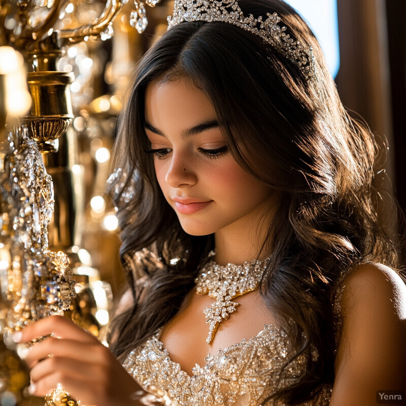 A young woman holds a crystal chandelier while dressed in an ornate gold gown with a tiara on her head