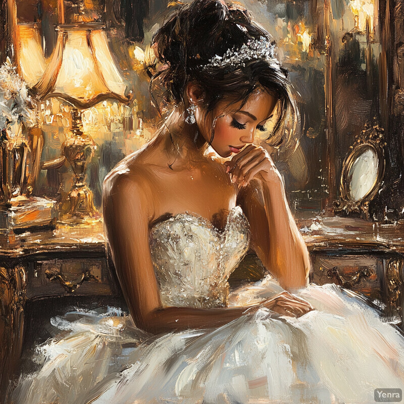 A woman in a white wedding dress sits on a table surrounded by flowers and a mirror, exuding elegance and serenity.