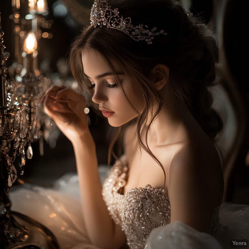 A young woman in a stunning white ball gown touches a crystal chandelier, surrounded by luxurious surroundings.