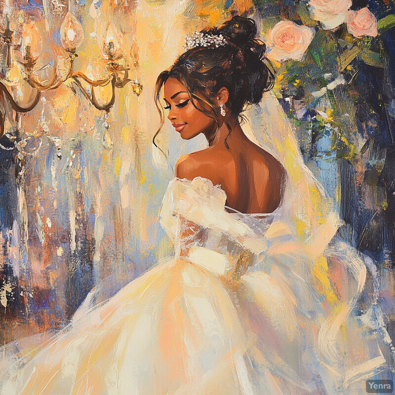 Oil painting of a bride in her wedding dress standing in front of a window with a cityscape view