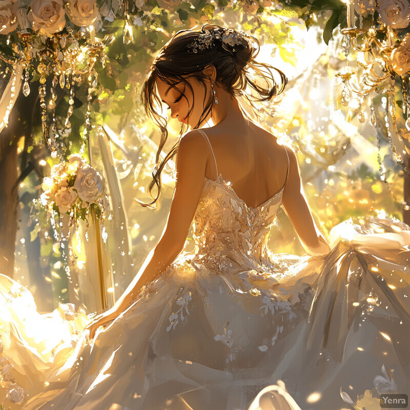 A woman in a white dress with floral patterns, surrounded by nature, exuding serenity.