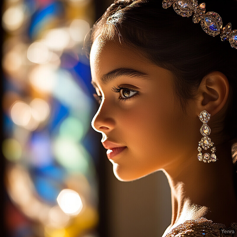 A young woman is captured in a formal event or special occasion, her face illuminated by soft light.