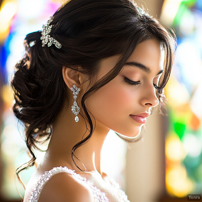 A woman with dark hair styled in an elegant updo, adorned with a silver or crystal hairpiece, wearing a white dress with thin straps and intricate beading along the edges.