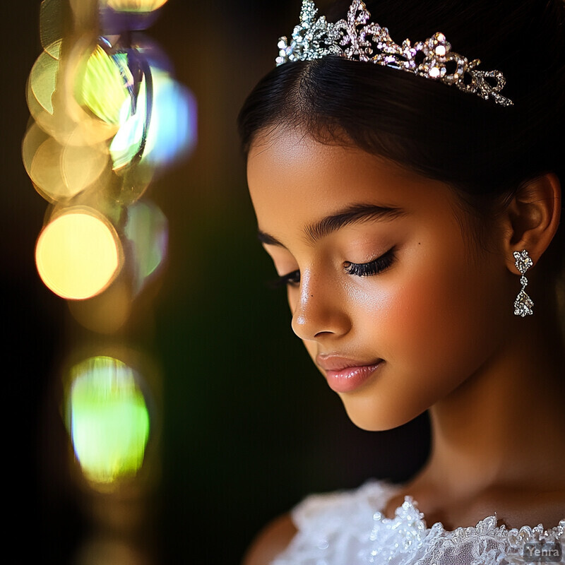 A young girl in a white dress and silver tiara gazing downward