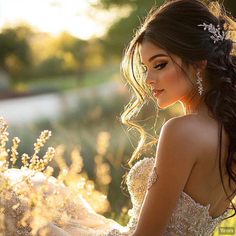 A woman in a white wedding dress stands amidst tall grasses with yellow flowers