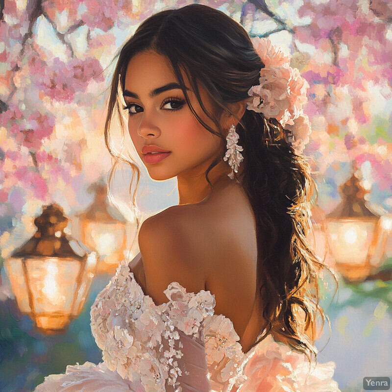 A woman with dark hair and a white wedding dress stands confidently in front of a tree with pink blossoms, surrounded by romance and celebration.