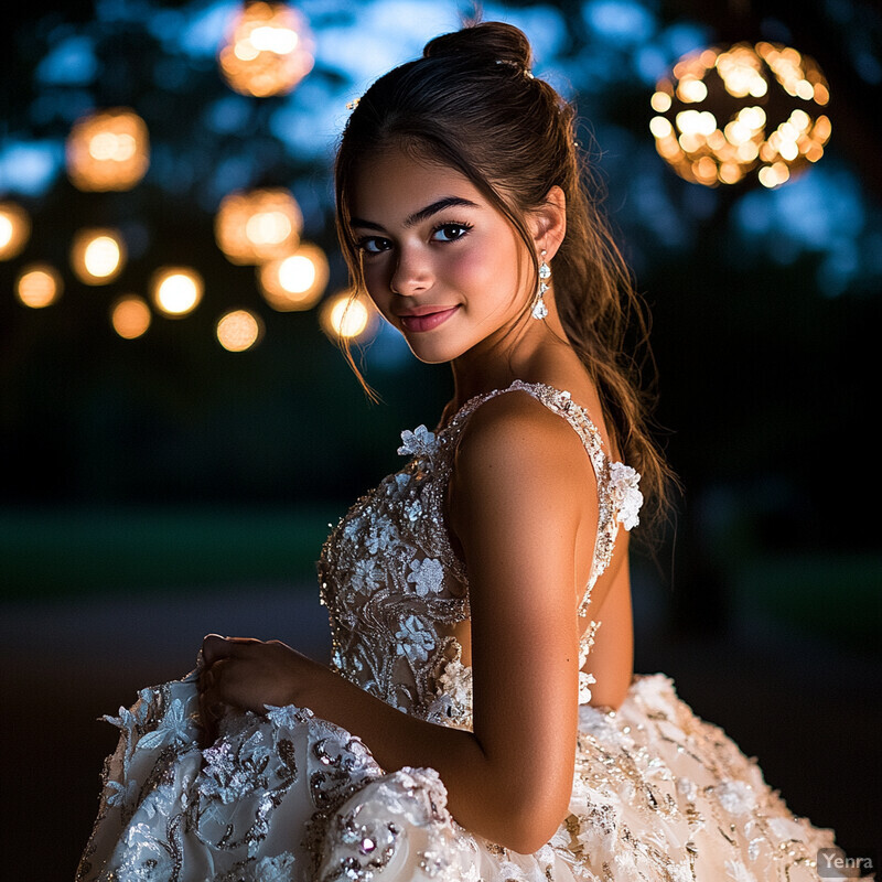 A woman in a white dress stands in front of a tree, posing for the camera.