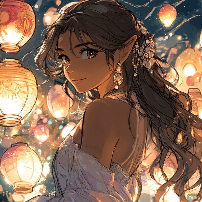 Anime-style illustration of a woman with pointed ears surrounded by glowing lanterns