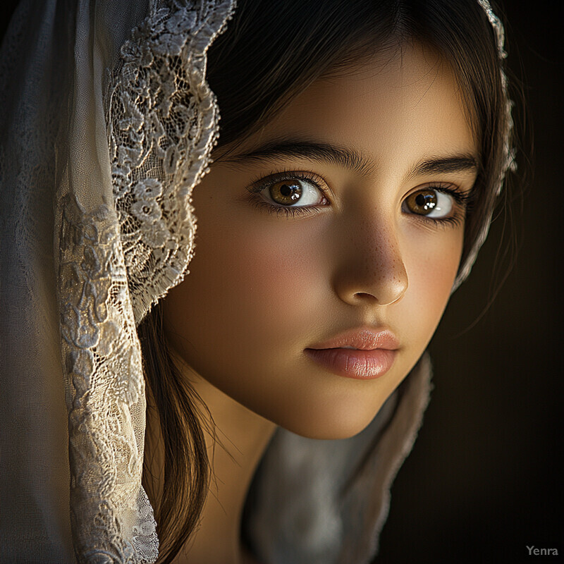 An older woman with a serene expression, wearing a white dress and veil, gazing directly at the camera.