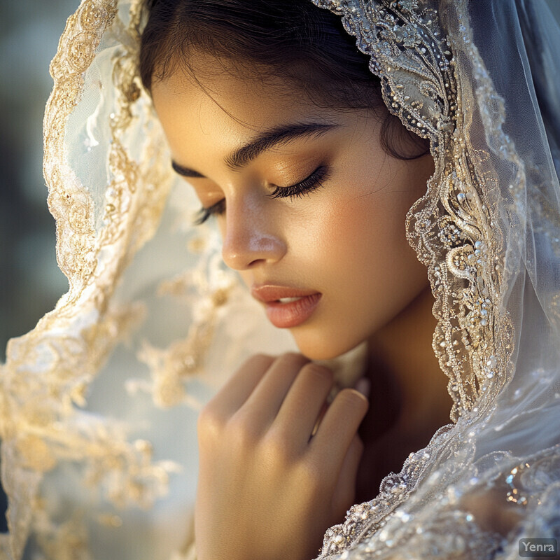 A woman in traditional attire with intricate gold embroidery and embellishments