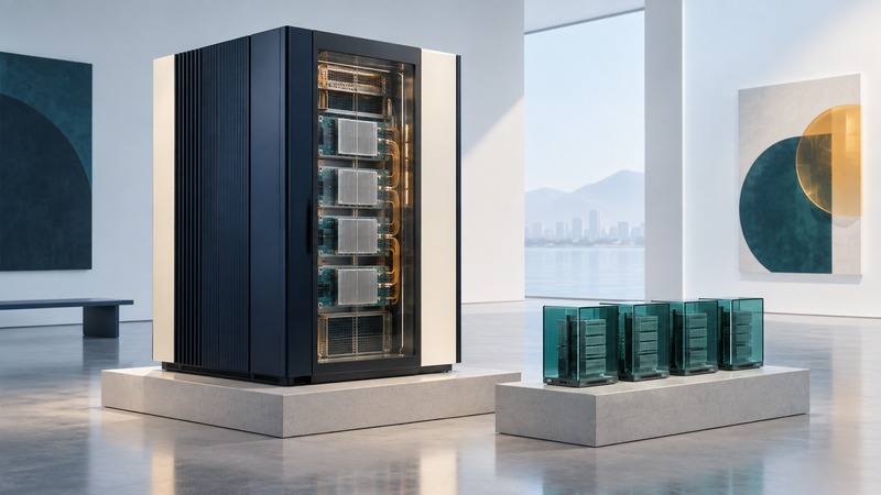 A tall server enclosure with visible processor assemblies stands beside four glass partition blocks.