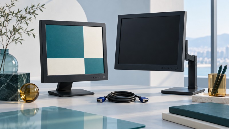 Two compact four-to-three LCD monitors with a VGA cable on a pale desk.