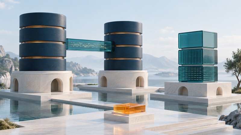 Two navy database towers linked by a teal channel stand beside a separate modular data structure and an amber checkpoint tile.