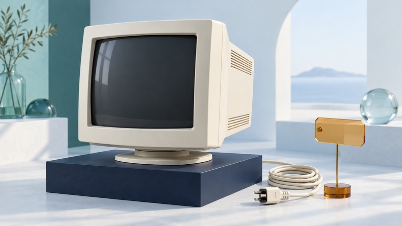 Unbranded CRT monitor with a dark screen, unplugged cable and amber identification tag