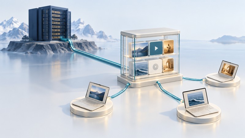 A distant navy server connects to a local glass cache cabinet serving three nearby laptops.