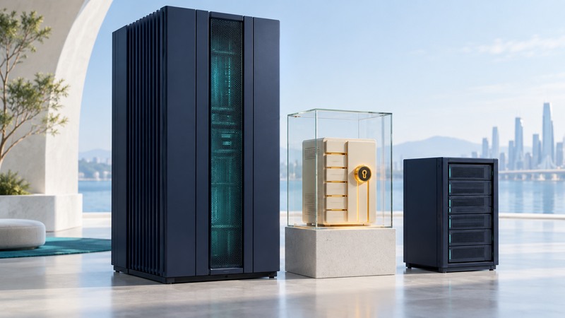 An unbranded navy mainframe stands beside an ivory key-management module under glass and a smaller backup cabinet.