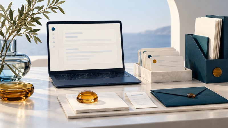 A laptop showing an abstract form beside ordered event cards, a receipt, an envelope and a report folder.