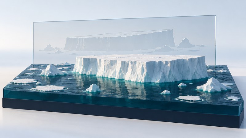 A conceptual flat-topped iceberg and smaller fragments float among thin sea-ice floes beside a glass observation panel.