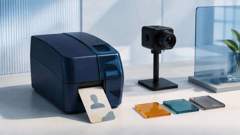 A compact navy card printer produces an ivory portrait badge beside a camera and three glass record tiles.