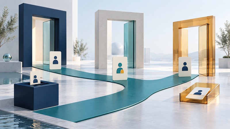 Identity cards stand along teal paths through three architectural doorways, with a returned card in an amber tray.