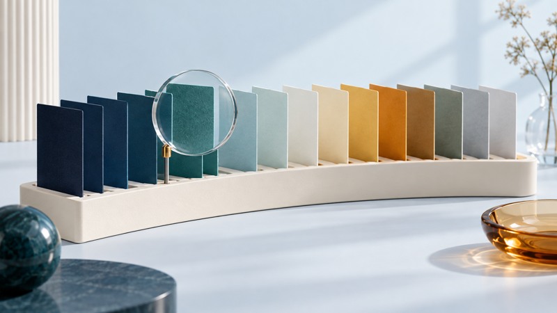 A magnifying lens highlights a teal card in an ordered collection of color samples.