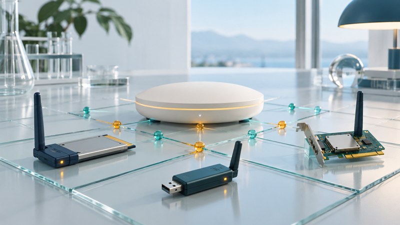 Three wireless adapters surround an access point on a glass laboratory grid with colored compatibility markers.