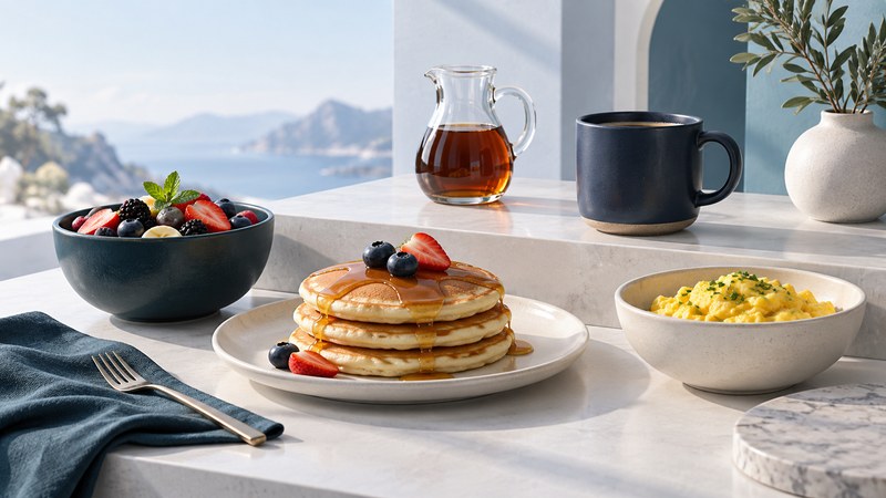 Pancakes, scrambled eggs and fruit arranged separately beside coffee and syrup